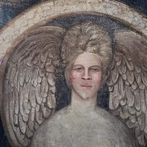 Image similar to realistic medieval painting portrait of white angel with clean narrow face like noface, 3 / 4, miracle light coming up from the head up and up, misty space, grace and blessing, by gucci maze, renaissance, christianity, marble stone, glow effect, white background