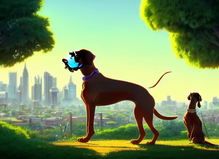 Image similar to a wholesome animation key shot of a brown vizsla dog wearing a green sweater, adelaide city in the background, studio ghibli, pixar and disney animation, sharp, rendered in unreal engine 5, anime key art by greg rutkowski, bloom, dramatic lighting