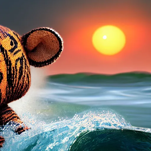 Image similar to a closeup photorealistic photograph of a cute smiling knitted tiger hippopotamus riding a wave at sunset. surf in background. professional capture. brightly lit scene. this 4 k hd image is trending on artstation, featured on behance, well - rendered, extra crisp, features intricate detail, epic composition and the style of unreal engine.