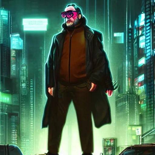 Image similar to Cyberpunk Gabe Newell standing in the street of a cyberpunk city at night in the rain, detailed, realistic, portrait