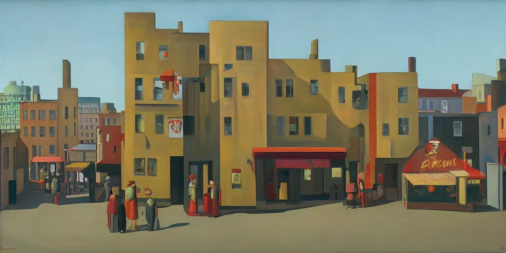 Prompt: toylike town, street elevation, market, grant wood, pj crook, edward hopper, oil on canvas