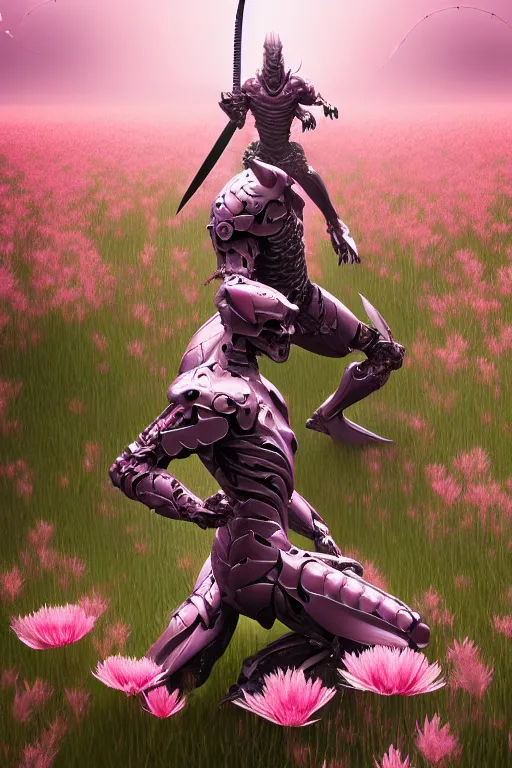 Image similar to illustration cinematic cyborg dragon yielding katana in a field of pale pink flowers, highly detailed smooth digital art masterpiece, vitaly bulgarov dramatic light, ground angle uhd 8 k, sharp focus