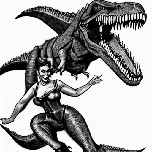 Prompt: a pencil sketch of a pinup girl riding a tyrannosaurus rex, white background, black and white