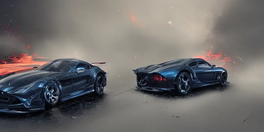 Prompt: full view of a sport car, surrounded in a detailed smoke, busy wet street at night, painted in dark color holographic pearlescent, elegant, digital painting, concept art, smooth, sharp focus, art style from Wang Ke and Greg Rutkowski and Bruce Kaiser and Scott Robertson and Dmitry Mazurkevich and Doruk Erdem and Jon Sibal, small style cue from Mad Max