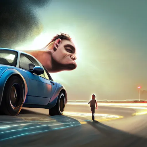 Image similar to Giant head of david copperfield with four wheels, running fast on a californian highway, digital painting, 4k, rays of light, particles light, kuvshinov ilya