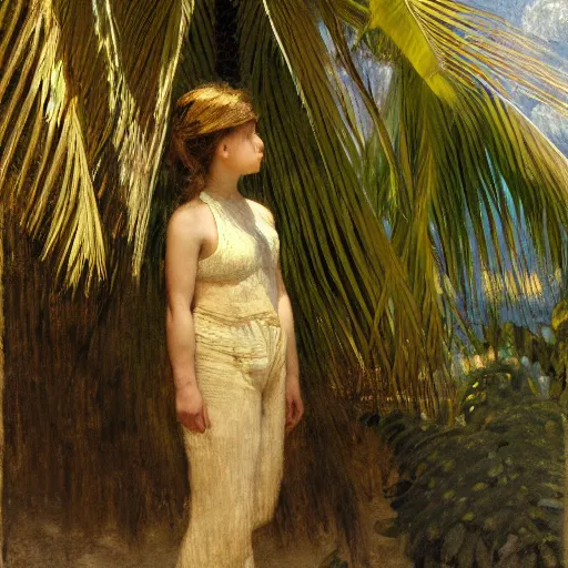 Image similar to a ultradetailed beautiful painting of a girl in the amazonas palace designed by jules bastien - lepage, hans belmer, frank weston and gustave baumann, beach, trending on artstation, mediterranean, palm trees, light sparkles, sharp focus, soft light, 8 k 4 k