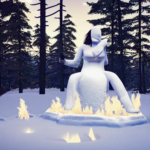 Image similar to a beautiful woman made out of snow and ice sitting by a campfire and slowly melting, by iris van herpen, unreal engine 5, outdoor campfire pit