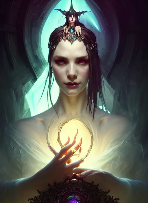 Image similar to Necromancer Sorceress, fantasy magic, undercut hairstyle, dark light night, intricate, elegant, sharp focus, illustration, highly detailed, digital painting, concept art, matte, art by WLOP and Artgerm and Greg Rutkowski and Alphonse Mucha, masterpiece