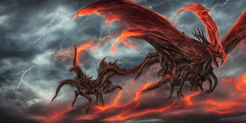 Image similar to A beautiful and very detailed photo of a huge lich dragon with wings spread out in a night of storm clouds and red lightning streaking down from the sky. He has large circular horns like those of a bighorn ram, red eyes, and a few pieces of his flesh missing or torn, and green smoke coming from his dark greenish body, majestic, exalted, elegant, epic, 4k, 8k, trending on Artstation, digital art