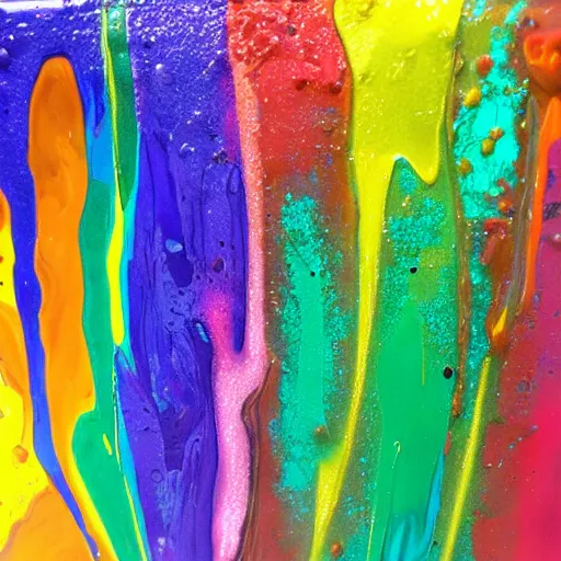 Image similar to a pour painting, rainbow colors, abstract, thick paint, chunky paint, glossy, resin coated