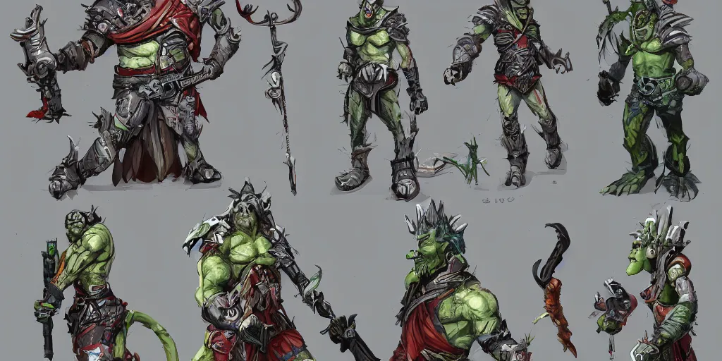 Image similar to different views of orcs, colourful intricate!! concept art by senior character artist, trending on artstation, full body character design