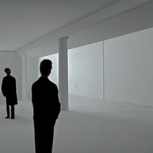 Prompt: a large cubic white room with no objects, misterious, 3 d perspective, still from movie by stanley kubrick