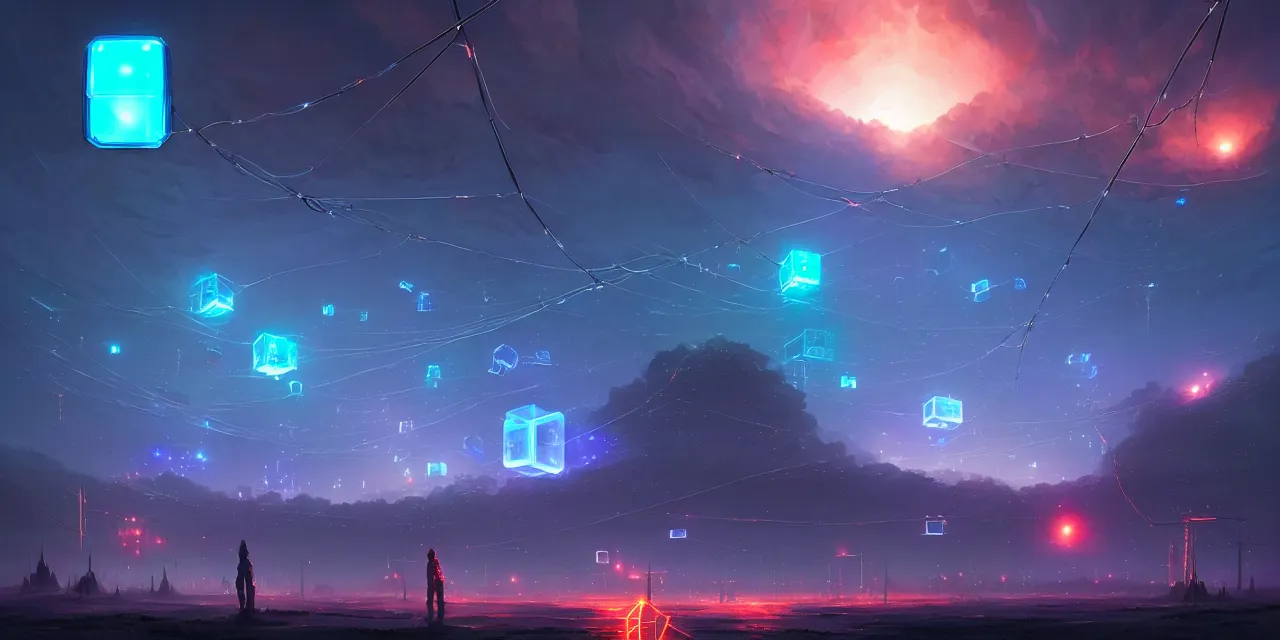 Image similar to a fleet of giant glowing futuristic cubes tied to each other with lots of wires in the sky, a fantasy magical landscape seen in the distance, atmospheric lighting, intricate, volumetric lighting, beautiful, sharp focus, ultra detailed, in the art style of marc simonetti, bowater charlie and brom gerald, astrophotography