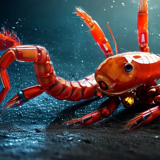 Image similar to a robotic shrimp, god, evil, villain, studio, studio background, sharp focus, dynamic lights, still, photograph, hyper realistic, masterpiece, digital, octane render, rendered, 3 d, blender, 3 d software, cinematic, cinematic lighting, dramatic lighting, dramatic, highly detailed, intricate details, texture, slime, cinematic composition