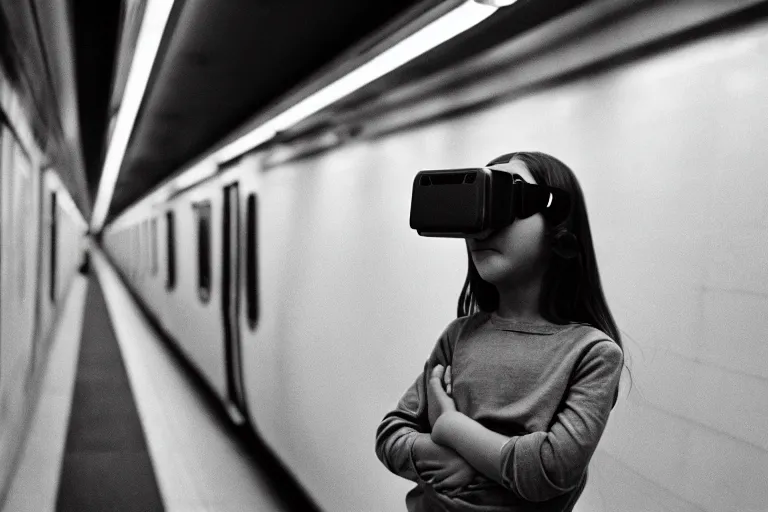 Prompt: girl in augmented reality headset in a subway, richard avedon, tri - x pan, ominous lighting