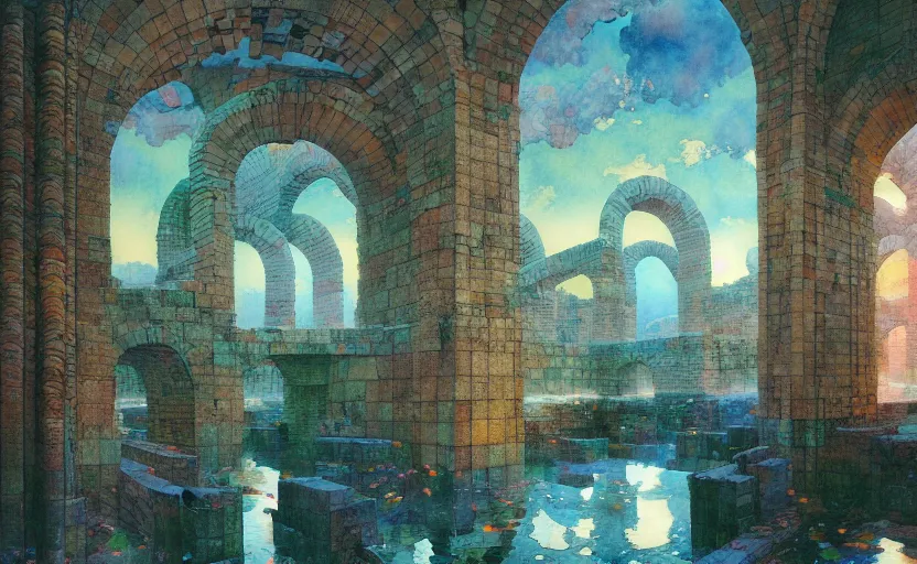 Image similar to tiled room squared waterway, aqueducts, fantasy. intricate, amazing composition, colorful watercolor, by ruan jia, by maxfield parrish, by marc simonetti, by hikari shimoda, by robert hubert, by zhang kechun, illustration, gloomy