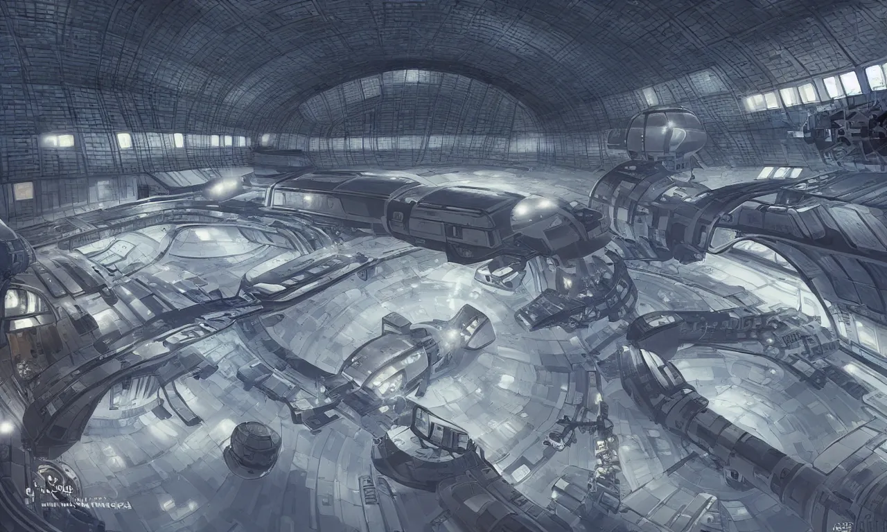 Huge space hangar. Dramatic, cinematic, high quality,, Stable Diffusion