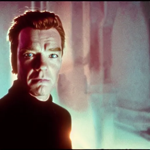 Prompt: film still of old ewan mcgregor as a ghost in star wars, blue ghost, transparent, epic lighting, highley detailled, kodak film