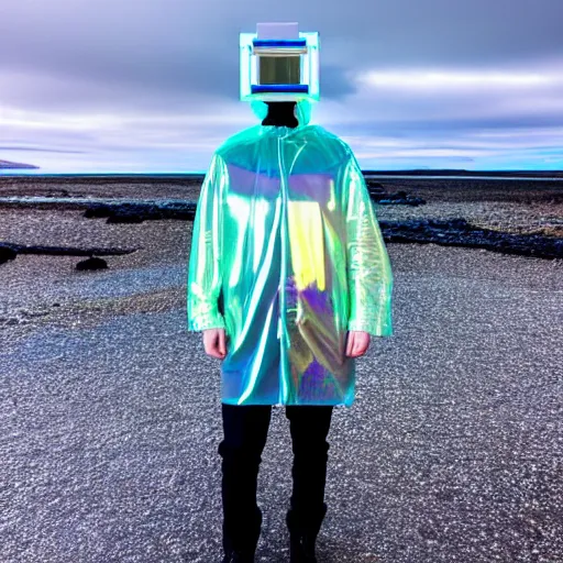 Image similar to an ultra high definition professional studio quality photograph of an artificially intelligent cyberpunk art influencer wearing a transparent iridescent pastel coloured face visor and matching squid based raincoat on white coat hook in a sheer icelandic black rock environment. dramatic lighting. volumetric shadows. light rays