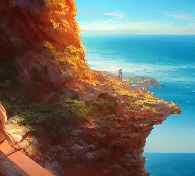 Image similar to a auburn-colored sitting on a cliff overlooking the sea. Atmospheric lighting, sunset, blue sea. By Makoto Shinkai, Stanley Artgerm Lau, WLOP, Rossdraws, James Jean, Andrei Riabovitchev, Marc Simonetti, krenz cushart, Sakimichan, trending on ArtStation, digital art.