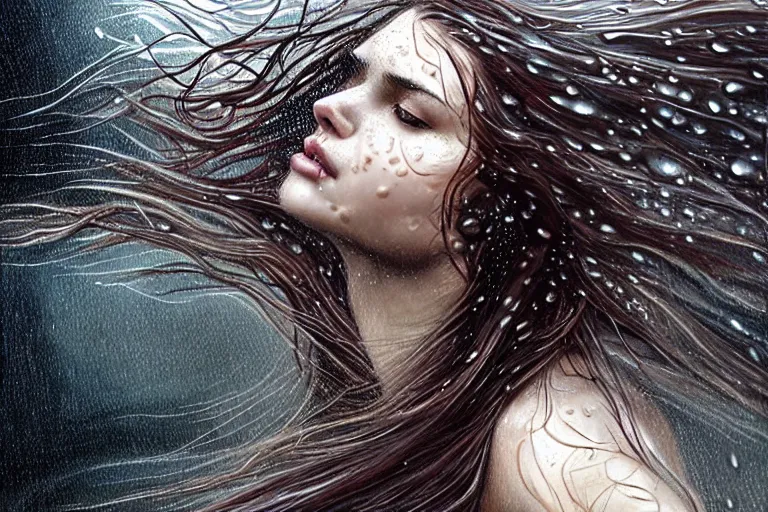Image similar to girl flying freely in rain with wet hair and face, flowing hair, fantasy, captivating dynamic facial expression, intricate, elegant, dramatic lighting, emotionally evoking symbolic metaphor, highly detailed, lifelike, photorealistic, digital painting, artstation, concept art, smooth, sharp focus, illustration, art by John Collier and Albert Aublet and Krenz Cushart and Artem Demura and Alphonse Mucha