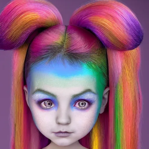 Prompt: a 3 d realistic image of a mythological young girl with rainbow hair looks at the camera, she has sparkles and stickers on her face painting by mark ryden 3 d 8 k ultra detailed