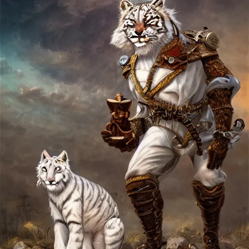 Prompt: white anthropomorphic lynx cat and white anthropomorphic tiger by Les Edwards and Noriyoshi Ohrai, furry art, steampunk fantasy style, 4k, trending on artstation