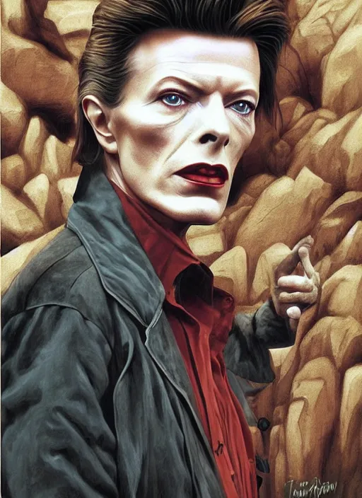 Image similar to twin peaks poster art, portrait of david bowie in small town solving mystery, by michael whelan, rossetti bouguereau, artgerm, retro, nostalgic, old fashioned