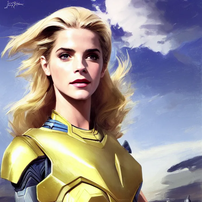 Prompt: portrait of a combination of Ashley Greene, Adriana Dxim, Grace Kelly and Emma Watson with blonde hair wearing Interceptor's armor from Anthem, countryside, calm, fantasy character portrait, dynamic pose, above view, sunny day, thunder clouds in the sky, artwork by Jeremy Lipkin and Giuseppe Dangelico Pino and Michael Garmash and Rob Rey and Greg Manchess and Huang Guangjian, very coherent asymmetrical artwork, sharp edges, perfect face, simple form, 100mm