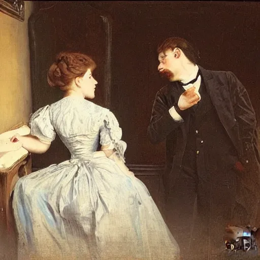 Image similar to young victorian man and woman solving an escape room riddle, painted by alfred stevens