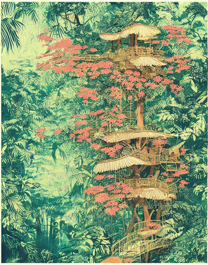 Image similar to floral jungle treehouse, Beautiful vintage Japanese poster, 10% surreal, risograph poster, beautiful colors, deep meaning, Intricate image, moving, Impressionist style, Ghibli art, high detail, dreamy, ethereal, subdued pastel palette