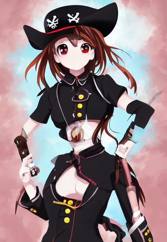 Image similar to wide angle portrait of a female pirate, a cute uniform, somewhat of an anime in noir style, trending artwork, made with anime painter studio, by noir and an anime artist, collaboration