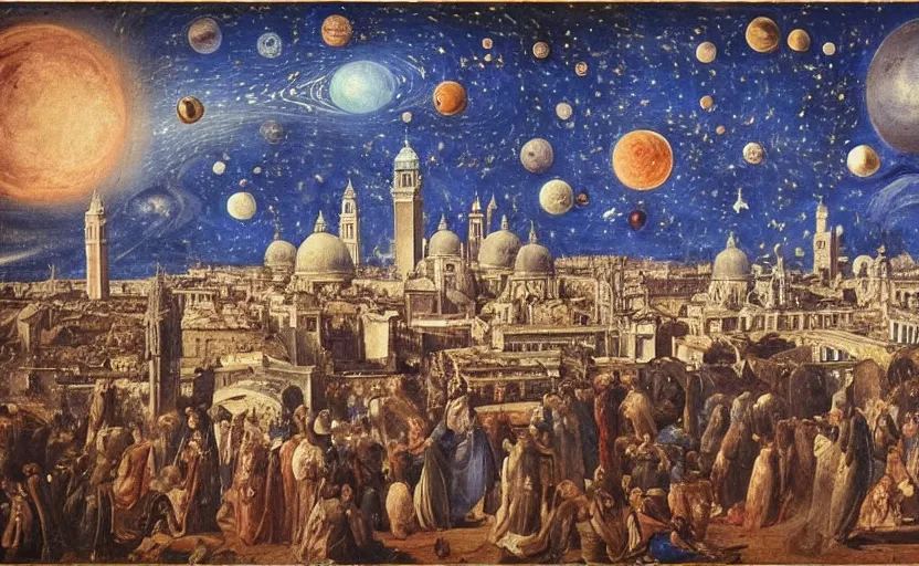 Image similar to scene from cosmologica a scifi movie by luchino visconti with mastroianni leaving the medieval cosmos to enter new universe. venice in the background. blue sky with a lot of stars and planets. cinematic, technicolor, photorealistic, direct lighting, highly intricate, extremely realistic in the style of ( ( ( renaissance cosmological painting ) ) ).