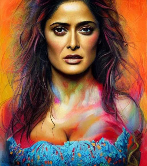 Prompt: beautiful painting of salma hayek by dariusz zawadski, contemporary, creepy, colorful acrylic, airbrush painting, realistic portrait by kehinde wiley and archan nair, colored pencil sketch, hyperrealism, pastel chalk, oilpastels