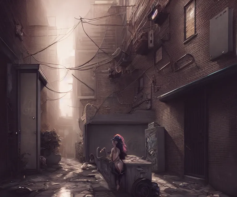 Prompt: a brooklyn alley, by charlie bowater and anna dittmann and artgerm and clemens ascher, intricate, graffiti, highly detailed, dramatic lighting, sharp focus, octane render, trending on artstation, artstationhd, artstationhq, unreal engine, 4 k, 8 k