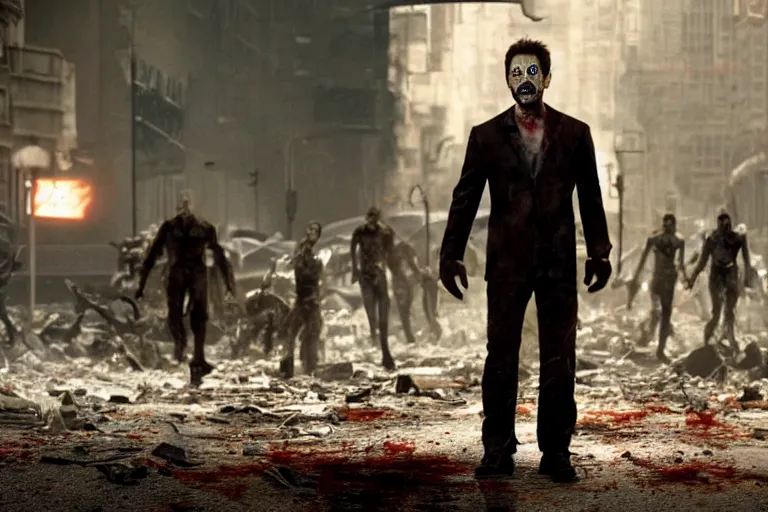 Image similar to film still of zombie zombie zombie Tony Stark as a zombie in new avengers movie, 4k