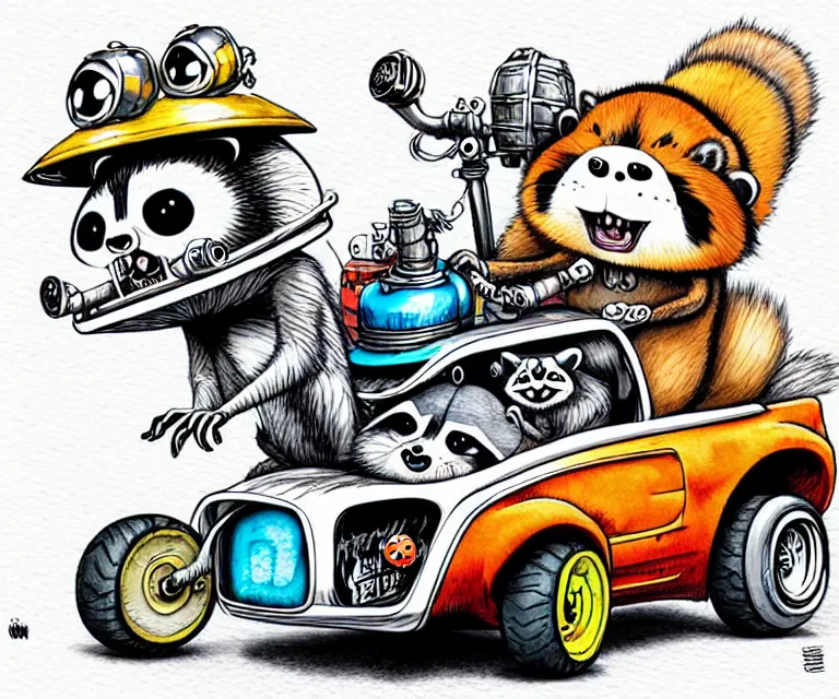 Prompt: cute and funny, racoon wearing a helmet riding in a tiny rob zombie dragula with oversized engine, ratfink style by ed roth, centered award winning watercolor pen illustration, isometric illustration by chihiro iwasaki, edited by range murata