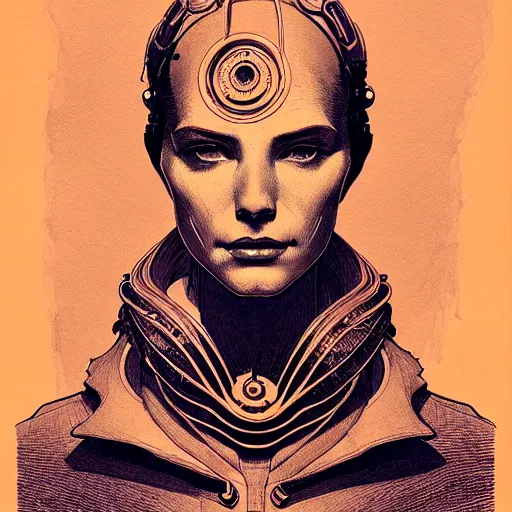 Image similar to portrait top light, by killian eng and joe fenton and martin deschambault and conrad roset, inspired by victorian steampunk, orange and grey only, etching and paint wash, fine sharp high detail,