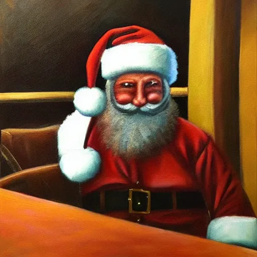 Prompt: santa claus depressed having a drink at a bar, painting, somber, moody lighting