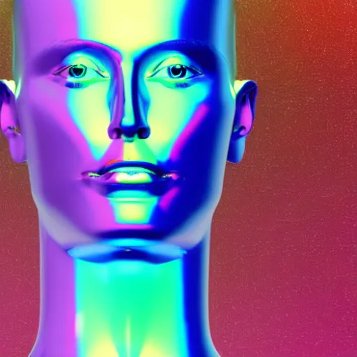 Image similar to 3d render of holographic human robotic head made of glossy iridescent, surrealistic 3d illustration of a human face non-binary, non binary model, 3d model human, cryengine, made of holographic texture, holographic material, holographic rainbow, concept of cyborg and artificial intelligence