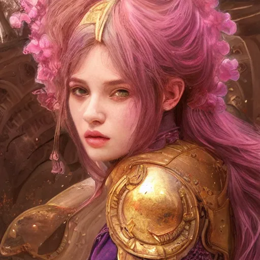 Image similar to portrait knights of Zodiac girl, metalic pink and pastel purple reflected armor, in ruined Agora of Athens sunset, ssci-fi, fantasy, intricate, very very beautiful, elegant, golden light, highly detailed, digital painting, artstation, concept art, smooth, sharp focus, illustration, art by tian zi and WLOP and alphonse mucha