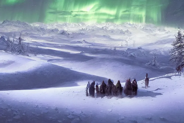 Prompt: A beautiful painting of the vast snow desert at night with the northern lights by marc simonetti, matte painting