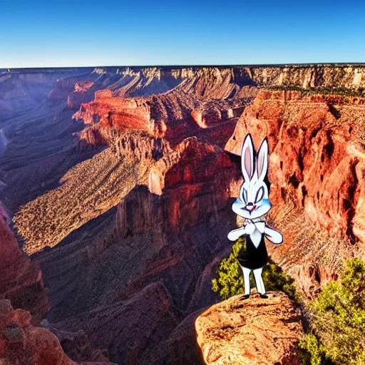 Prompt: Photo of Bugs Bunny in front of the Grand Canyon, photography, HDR