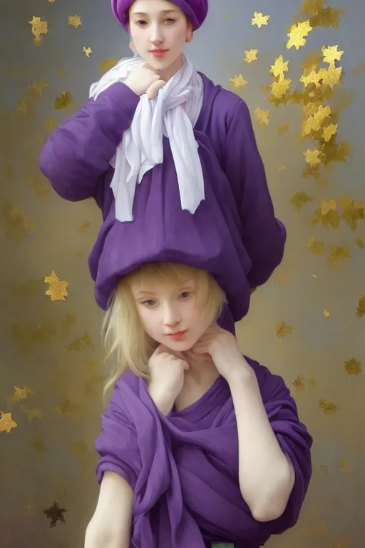 Image similar to Full View girl with short blond hair wearing an oversized purple Beret, Baggy Purple overall shorts, Short Puffy pants made of silk, silk shoes, a big billowy scarf, Golden Ribbon, and white leggings Covered in stars. Short Hair. masterpiece 4k digital illustration by Ruan Jia and Mandy Jurgens and Artgerm and william-adolphe bouguereau, award winning, Artstation, art nouveau aesthetic, Alphonse Mucha background, intricate details, realistic, panoramic view, Hyperdetailed, 8k resolution, intricate art nouveau