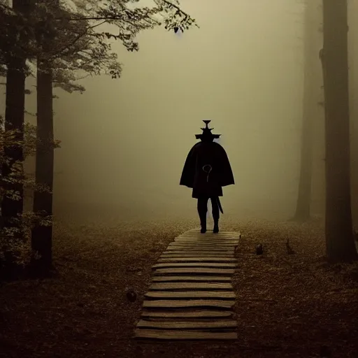 Image similar to a samurai walks alone through the woods at night, gloomy, dark, foggy, night, ominous, dark color, atmospheric, cinematic lighting, intricate detail?