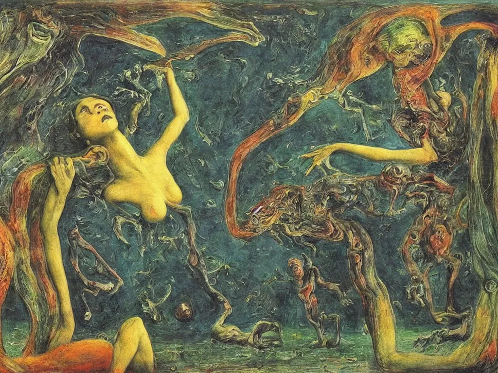 Prompt: cosmic pupil under torrential rain. valley of joy and despair. open manuscript of alchemic insect. painting by max ernst, moebius, arnold bocklin, william blake