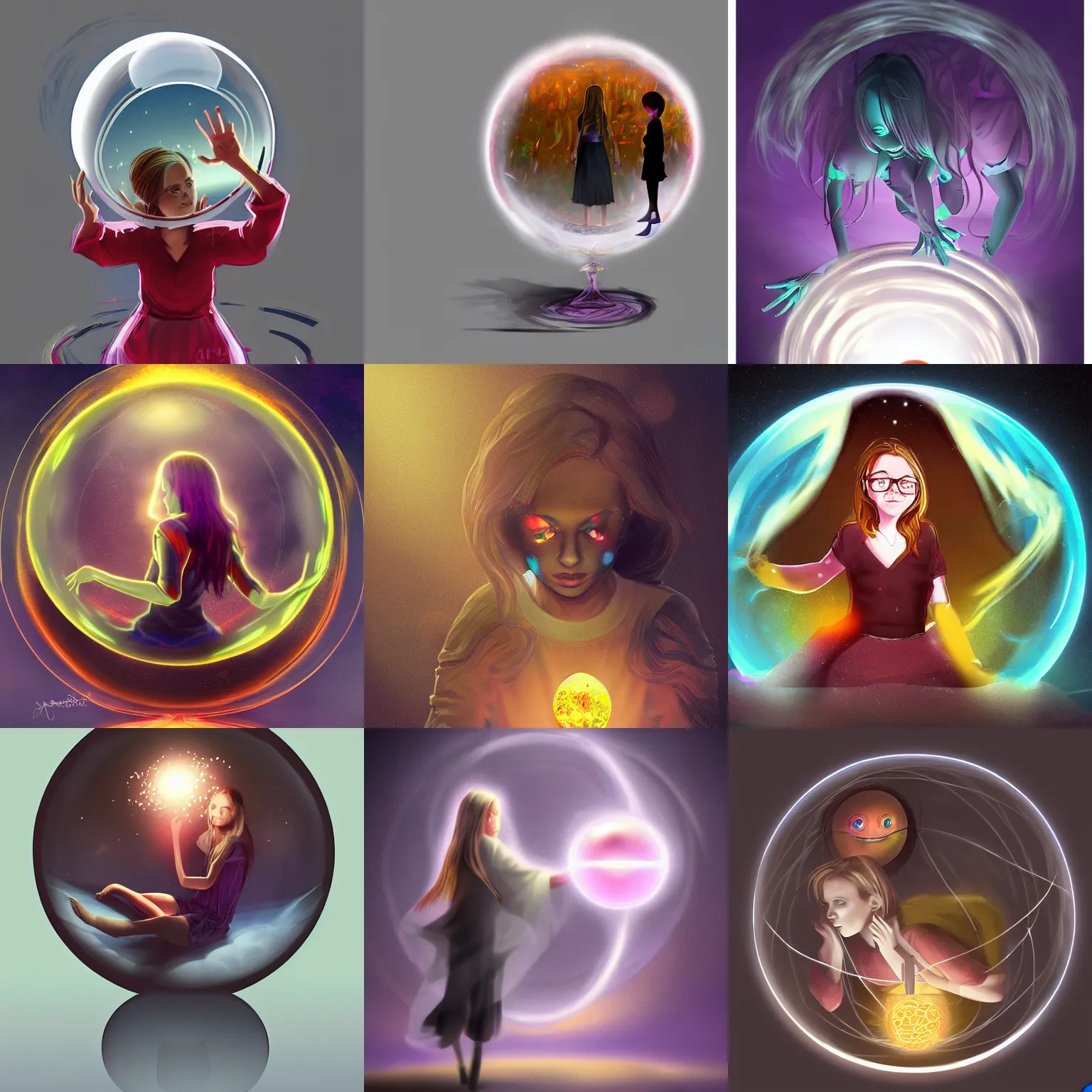 Prompt: Digital art, a teenage witch frees trapped souls from a glass orb, trending on ArtStation