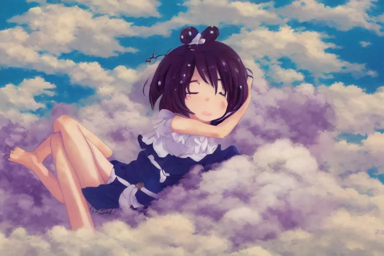 Prompt: a cute anime girl relaxing on a cloud by aoshima, chiho,