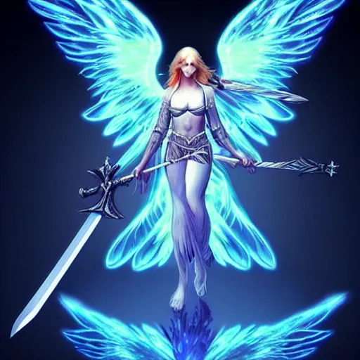Prompt: « beautiful, divin archangel, with a sword, beautiful wings, glowing lights, detailed »