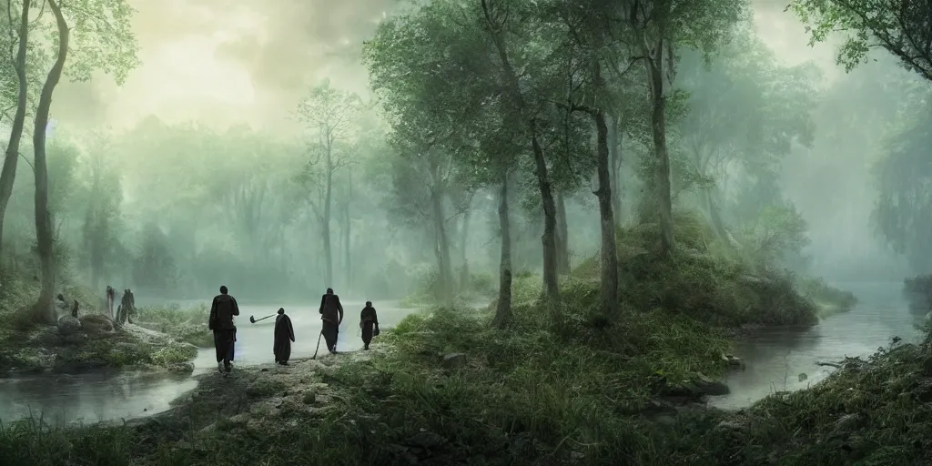 Image similar to muslim adventurers walking along the river bank in a forest, an epic fantasy, dramatic lighting, cinematic, extremely high detail, photorealistic, cinematic lighting, matte painting, artstation, by Christopher Nolan, 50mm lens, horizon forbidden west